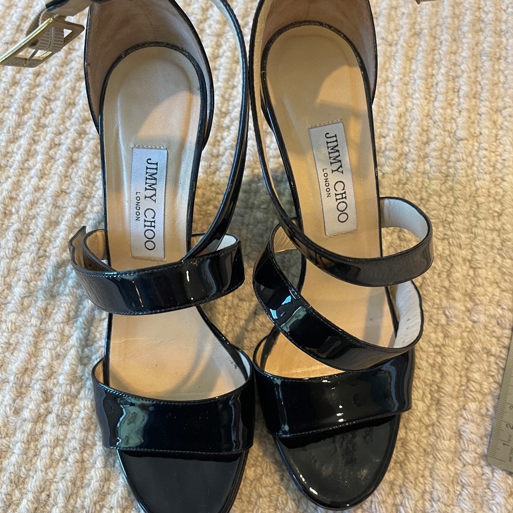 Jimmy Choo, black patent leather wedges, size 9